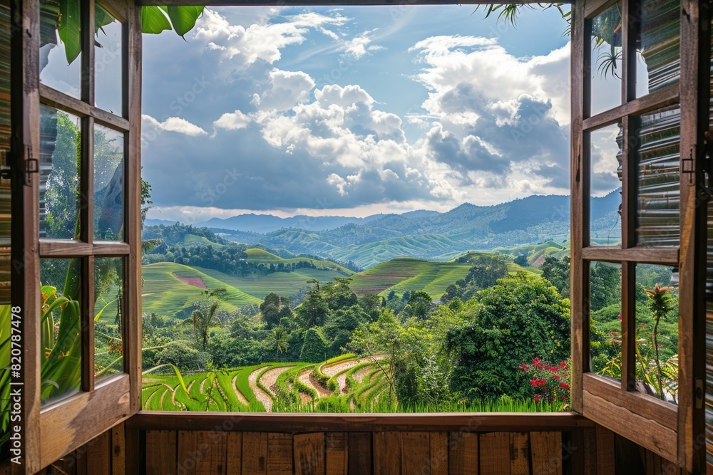 Poster a view of a valley through an open window. perfect for interior design concepts