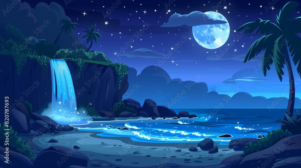 Wall mural an exotic night seascape of a sandy beach and exotic palm trees. modern illustration of a stunning s - Wall murals