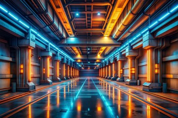 Naklejka premium Underground Industrial Cyber Sci Fi Futuristic Neon Fluorescent Orange Blue Glowing Lights Garage Cement Grunge Dark Concrete Car Parking Tunnel Corridor Background 3D Rendering Illustration