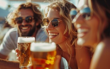 A group of friends sharing laughs and drinks while enjoying a beer together in a social gathering