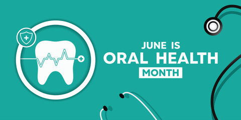 June is Oral Health Month. Teeth, shield and stethoscope. Great for cards, banners, posters, social media and more. Light blue background.