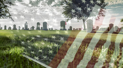 Flag in grass with cemetery background, suitable for Memorial Day or Veterans Day designs, patriotic themes, funeral service advertisements.