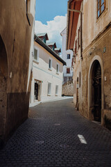 narrow street in old town of Skofja Loka, Slovenia