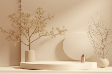 A white pedestal with a tree and two vases on it generated by AI