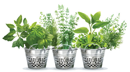 Metal basket with fresh herbs on white background