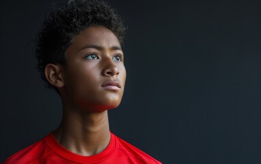 Obraz premium A young boy in a red shirt looks off to the side in a candid moment