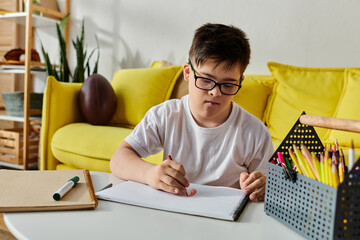 A boy with Down syndrome sitting at a table, focused on writing in a notebook.