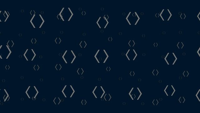 Angle brackets symbols float horizontally from left to right. Parallax fly effect. Floating symbols are located randomly. Seamless looped 4k animation on dark blue background