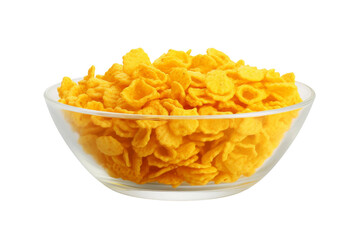 Sun-Kissed Crunch: A Bowl of Golden Corn Flakes on a White or Clear Surface PNG Transparent Background.