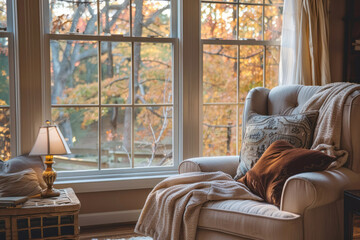 Cozy Armchair in Living Room With Double Hung Windows on an Autumn Day