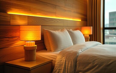 Modern hotel room showcasing a king-size bed and nightstand with a lamp