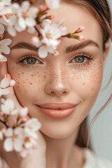 Beauty closeup portrait of gorgeous young caucasian woman, with creative makeup and flowers