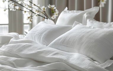 Close-up view of a bed with white sheets and pillows, showcasing the simplicity and elegance of the bedroom decor