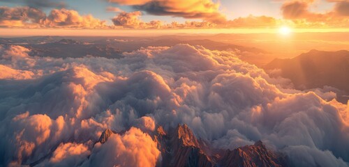 A high-altitude view of cloud-covered mountains during sunrise, with the golden light piercing through the dense clouds. 32k, full ultra hd, high resolution