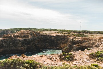 A coastal cliff adorned with small wildflowers, providing backdrop to turquoise-blue waters