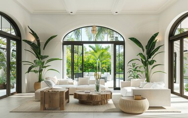 A luxurious living room featuring an abundance of white furniture, creating a bright and pristine aesthetic