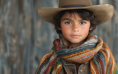 A young boy of Native American descent wearing a hat and scarf