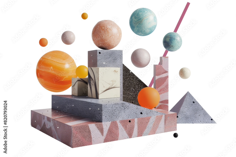 Poster abstract geometric shapes and planets floating against a transparent background. creating a surreal 