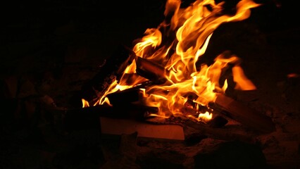 Glowing fire in a dark with wood logs scattered around for fuel