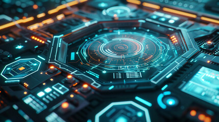 Create an immersive HUD interface with interactive hexagonal elements, exemplifying the seamless integration of user experience and futuristic design.