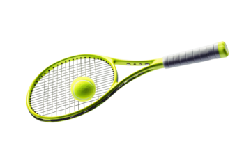 Harmony of Sport: Tennis Racket and Ball Dance on a White or Clear Surface PNG Transparent Background.
