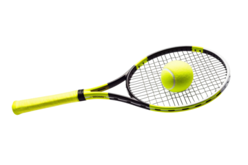 Harmony of Sport: Tennis Racket and Ball Dance on White Canvas on a White or Clear Surface PNG Transparent Background.