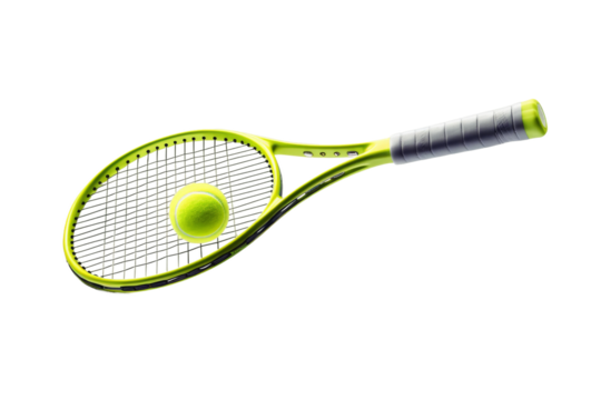 Harmony of Sport: Tennis Racket and Ball Dance on a White or Clear Surface PNG Transparent Background.