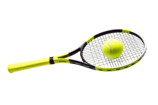 Harmony of Sport: Tennis Racket and Ball Dance on White Canvas on a White or Clear Surface PNG Transparent Background.