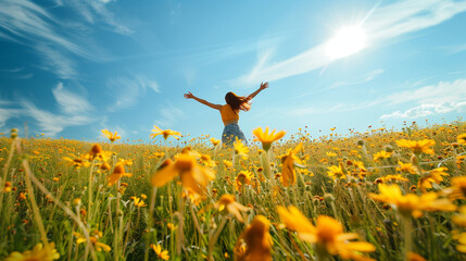 Person joyfully running through a field of vibrant yellow wildflowers, arms outstretched under a bright blue sky with wispy clouds, capturing a sense of freedom, happiness, and the beauty of nature