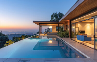 A modern, minimalist pool house with large windows overlooking the valley at sunset.