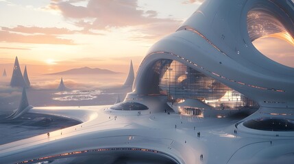 Modern luxury architecture building outdoor landscape, advanced minimalistic curved shape design, futuristic city skyline surreal sunset background, construction engineering technology 3d digital art.
