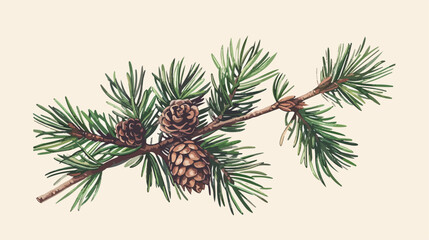 Hand drawn beautiful botanical drawing of pine branch