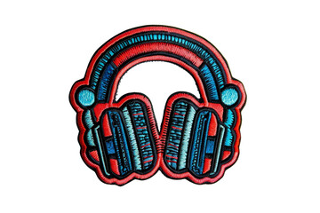 Obraz premium Colorful illustration of a headphone in red and blue colors, representing music and audio equipment, isolated on a black background.