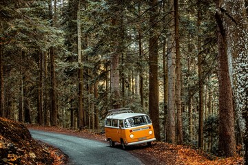 Obraz premium Orange vintage van driving through the forests of Parc du Pilat in France in autumn.