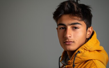 Fototapeta premium A young Arab descent man wearing a yellow jacket looking directly at the camera