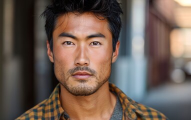 Obraz premium Close up of a young adult Southeast Asian male wearing a plaid shirt