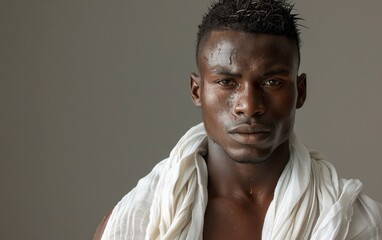 Obraz premium Young East African male standing with a towel draped around his neck
