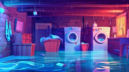 Cartoon modern illustration of full of leaked water storehouse interior with washing and dryer machines in flooded house basement room with damaged laundry equipment, boxes and hamper.