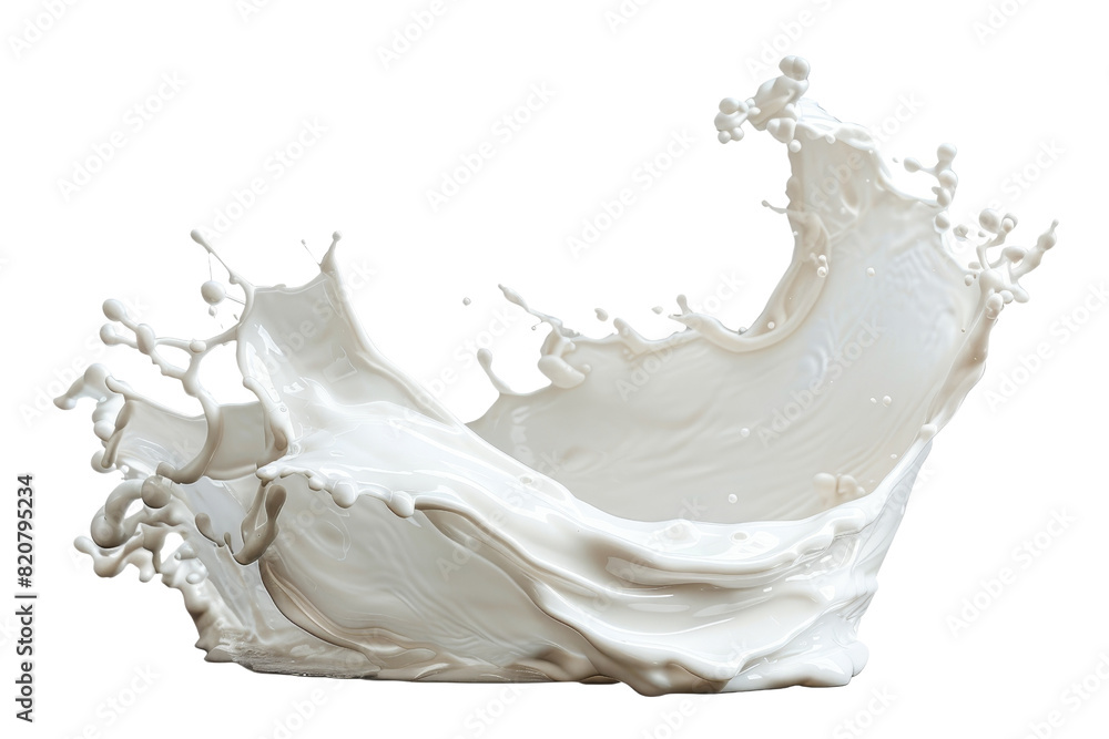 Poster dynamic splash of white liquid against a transparent background, capturing the motion and fluidity i