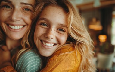Two women, one younger and one older, are smiling and embracing each other warmly in a loving gesture