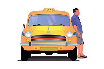 a man standing in front of Kolkata yellow taxi. front view of an Indian yellow color taxi