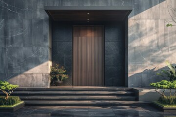 Grand entrance of a minimalist villa with a modern front entrance door, featuring a beautiful garden and dark wood slates for an elegant look
