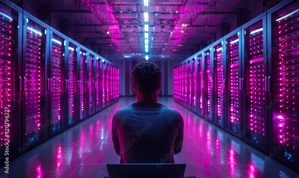 Poster diverse computer engineers coding on laptops in modern data center: big data storage, server room, d