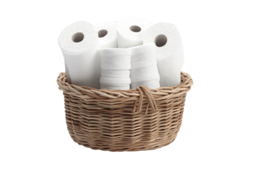 The Abundant Bounty: Four Rolls of Toilet Paper in a Basket on a White or Clear Surface PNG Transparent Background.