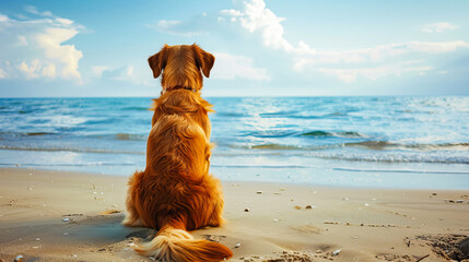 Golden retriever dog sits on the beach and looks into the distance at the sea