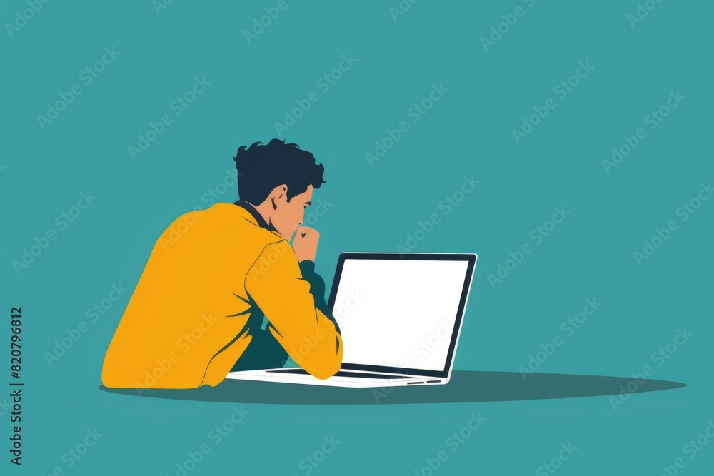 Poster a man sitting in front of a laptop computer. suitable for technology concepts