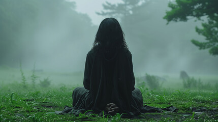 A person with long hair sitting cross-legged in a misty forest, facing away from the camera. The scene is serene and peaceful, with lush greenery and fog creating a mystical atmosphere.