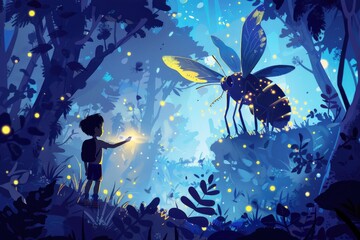 A little boy standing in a forest looking at a firefly. Great for nature and childhood themes