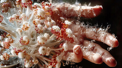 A close-up of a hand submerged in water, surrounded by delicate white and pink flowers with bubbles clinging to them.
