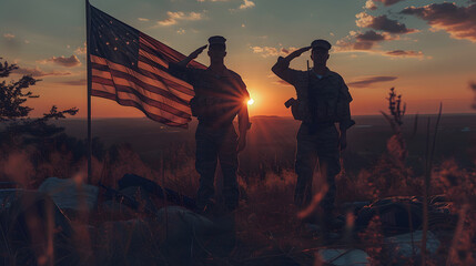 Soldiers saluting the sun in front of a flag, suitable for patriotism, national holidays, military events, Memorial Day designs.